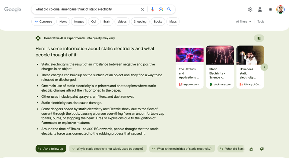 Detalhes-1 Perguntar para a nova IA do Google sobre como as pessoas do passado pensavam sobre a eletricidade estática.