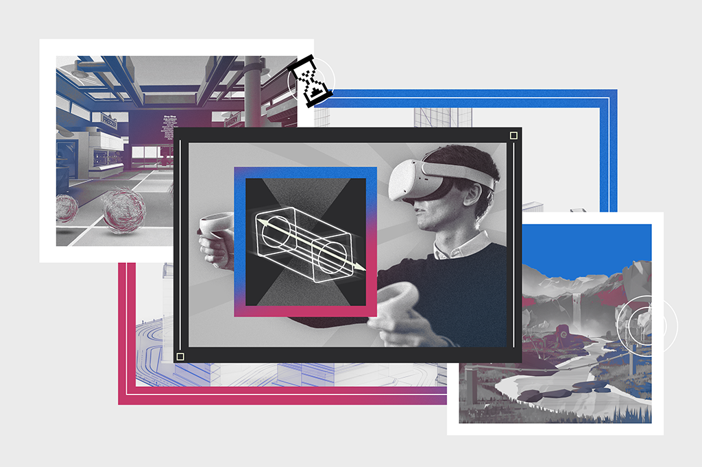 Si_452_Metaverso_Site04 Colagem com uma pessoa utilizando um óculos de realidade virtual; cenário do Horizon Worlds com feno rolando, para mostrar que está deserto; cenário do Decentraland; e o wireframe de uma cidade virtual.