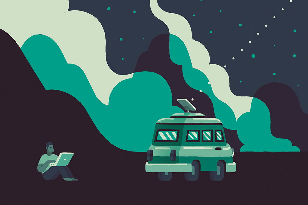 Si_455_Starlink4 Ilustração de uma pessoa trabalhando com internet, viabilizada por meio de uma antena móvel da Starlink acoplada no teto do seu carro.