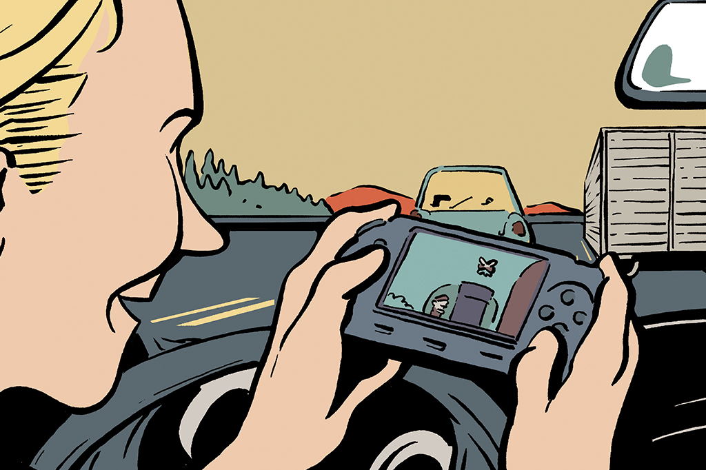 Si_455_Carroautonomo_Site-02 Ilustração de uma pessoa jogando videogame enquanto o carro autônomo anda sozinho pelas ruas.