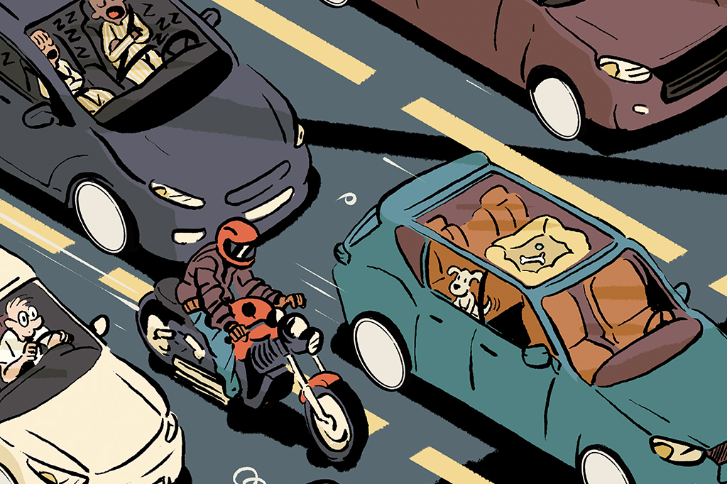 Si_455_Carroautonomo_Site-10 Ilustração de uma rua com carros sendo dirigidos por pessoas, carros autônomos e motos.