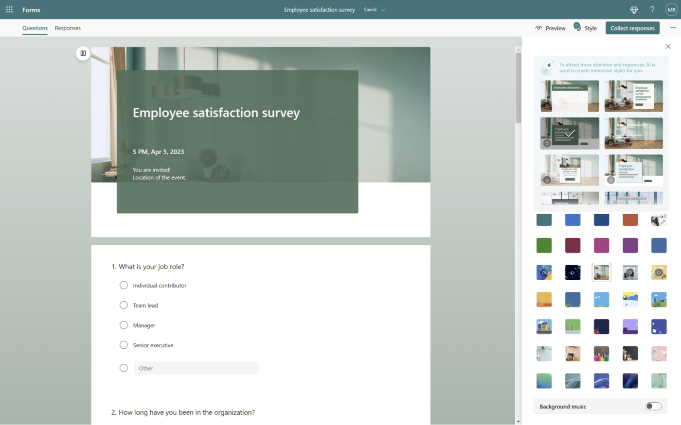 Image9-2 Captura de tela do Microsoft Forms, nossa escolha para o melhor construtor de formulários online para sugestões de perguntas e temas de IA