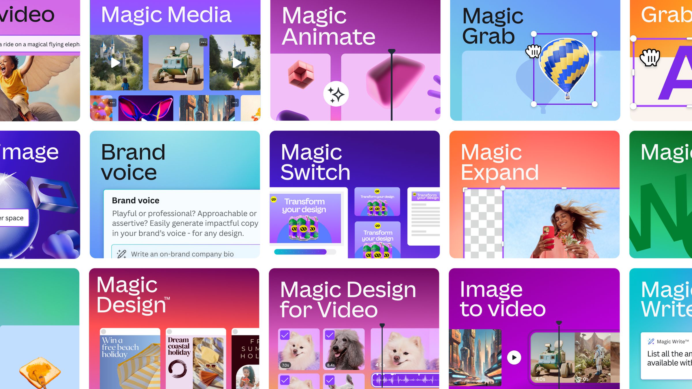 Canva_Magic_Studio_Tile_Compilation-1 Uma coleção de imagens que exibem os novos recursos do Magic Studio do Canva.
