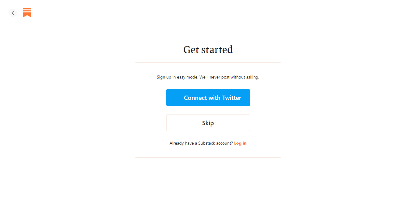 Substack3 Configurar sua conta também é muito rápido e básico. Ao se inscrever, você é solicitado a integrar suas contas de mídia social ou pular e, em seguida, você tem que incluir seu e-mail: