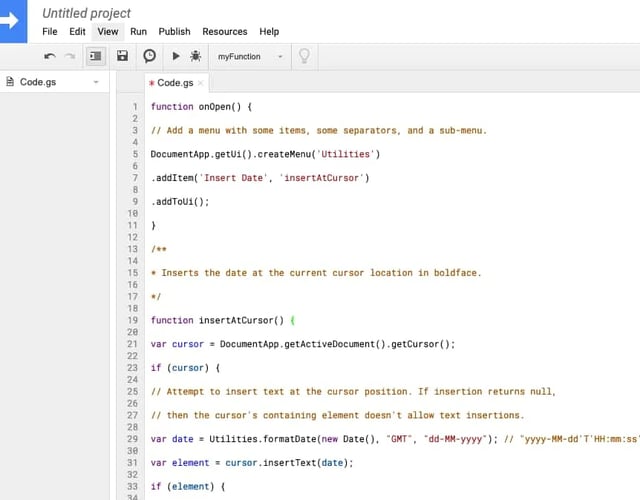 Google20Script20Editor Editor de scripts do Google com código inserido