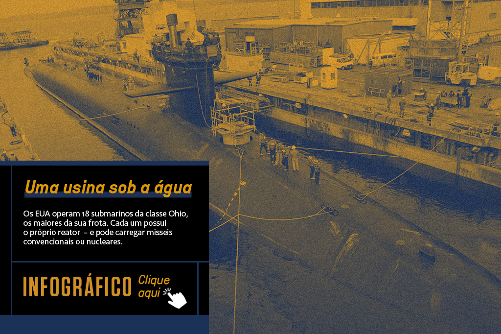 Si_458_Submarinos_Thumb Imagem com foto e texto sobre a classe de submarinos Ohio, chamando para ampliar e ver um infográfico com mais informações.