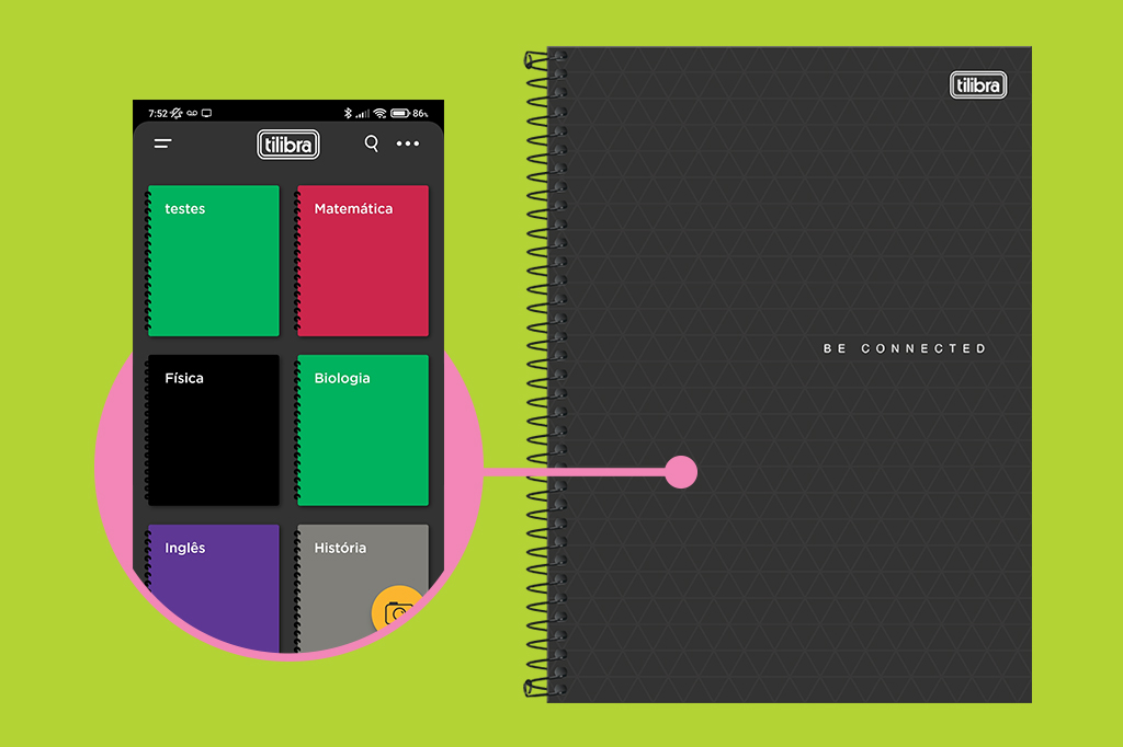Montagem do caderno Tilibra Connect e da tela do aplicativo.