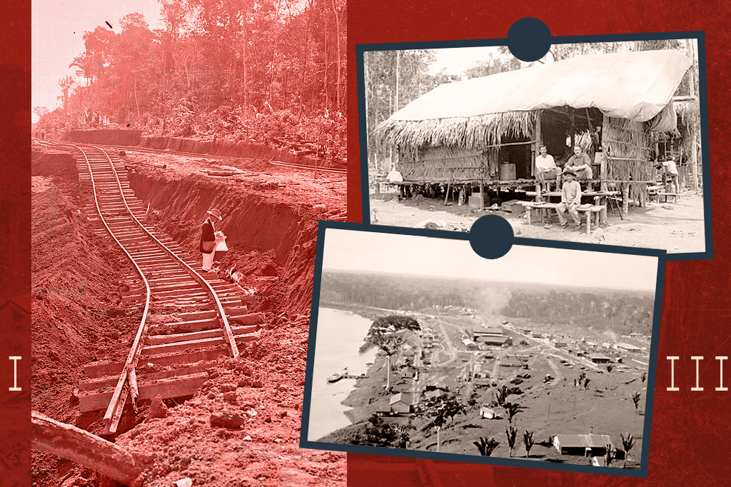 Acima: Barraca de técnicos em acampamento. Abaixo: Vista panorâmica de Porto Velho em 1910. Ao fundo: As abundantes chuvas na região, infiltravam-se nos aterros destruindo trechos pronto da Ferrovia.