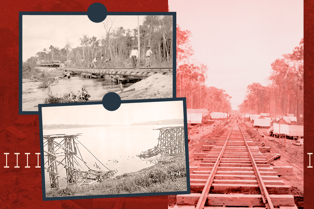 Acima: Assentamento de trilhos sobre Ponte em afluente do Rio Madeira. Abaixo: Desabamento do cais de Porto Velho em construção à margem do Rio Madeira. Ao fundo: Acampamento ao longo da Ferrovia Madeira-Mamoré.