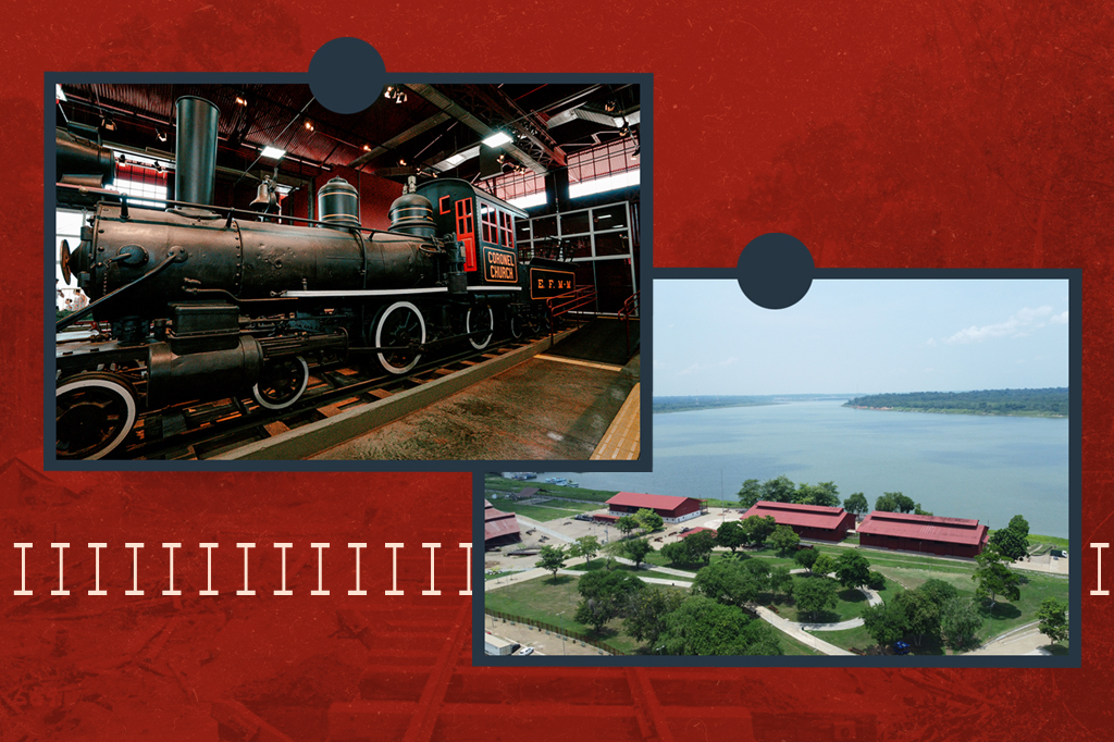 Fotos da locomotiva coronel Church e imagem panorâmica do Rio Madeira.