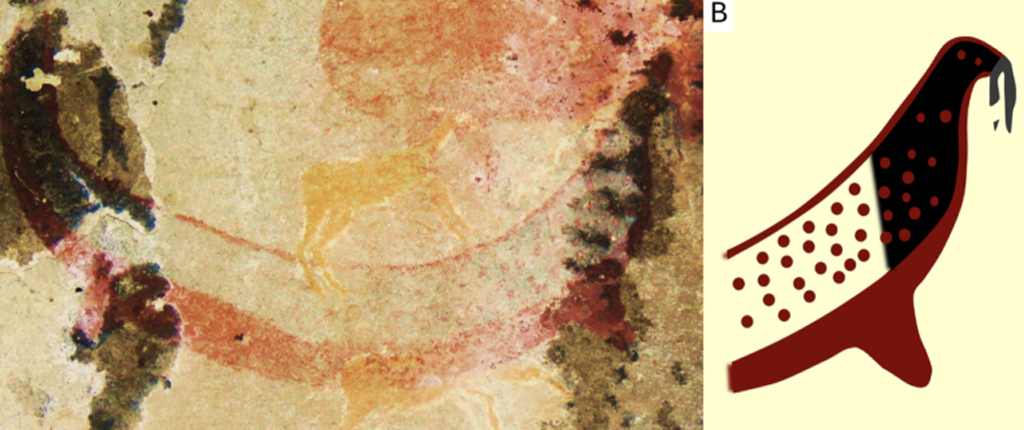 2609-Arte-Rupestre-Sul-Africana-Super-Site(2) O painel da Serpente Chifruda e uma recriação ilustrada com detalhes mais nítidos.