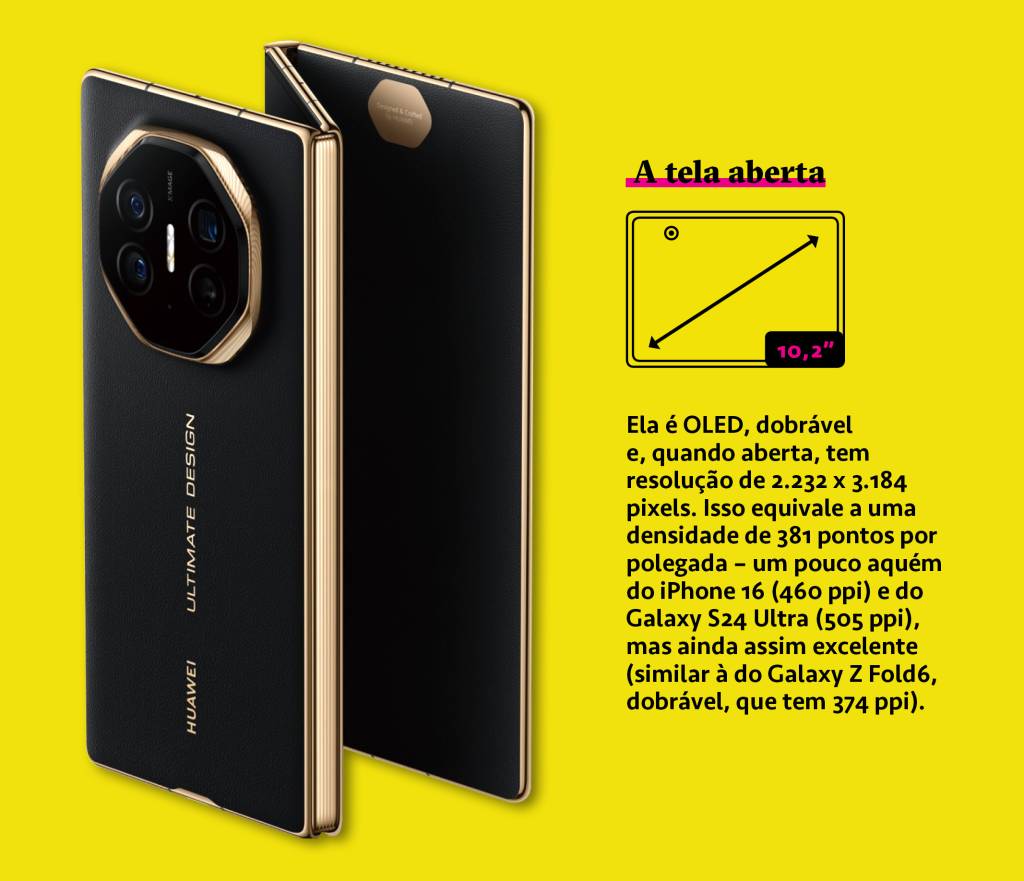 Si_468_Tech_Celular_Huawei_1 Imagem e texto explicativo do celular Huawei, modelo Mate XT Ultimate, em fundo amarelo.