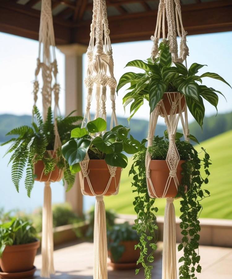 Três vasos de terracota com plantas verdes exuberantes, incluindo uma samambaia e trepadeiras, pendurados em suportes de macramê artesanais. O fundo desfocado sugere um ambiente externo iluminado pelo sol.