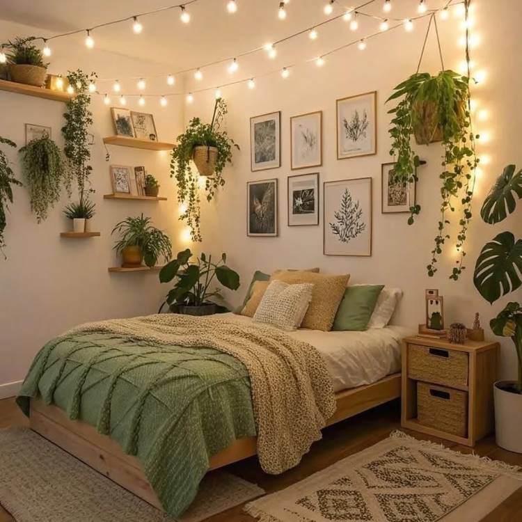 Um quarto aconchegante com uma cama de madeira e colcha verde. Plantas penduradas e em prateleiras, junto a uma galeria de quadros e luzes de fada, criam um ambiente boêmio e relaxante.