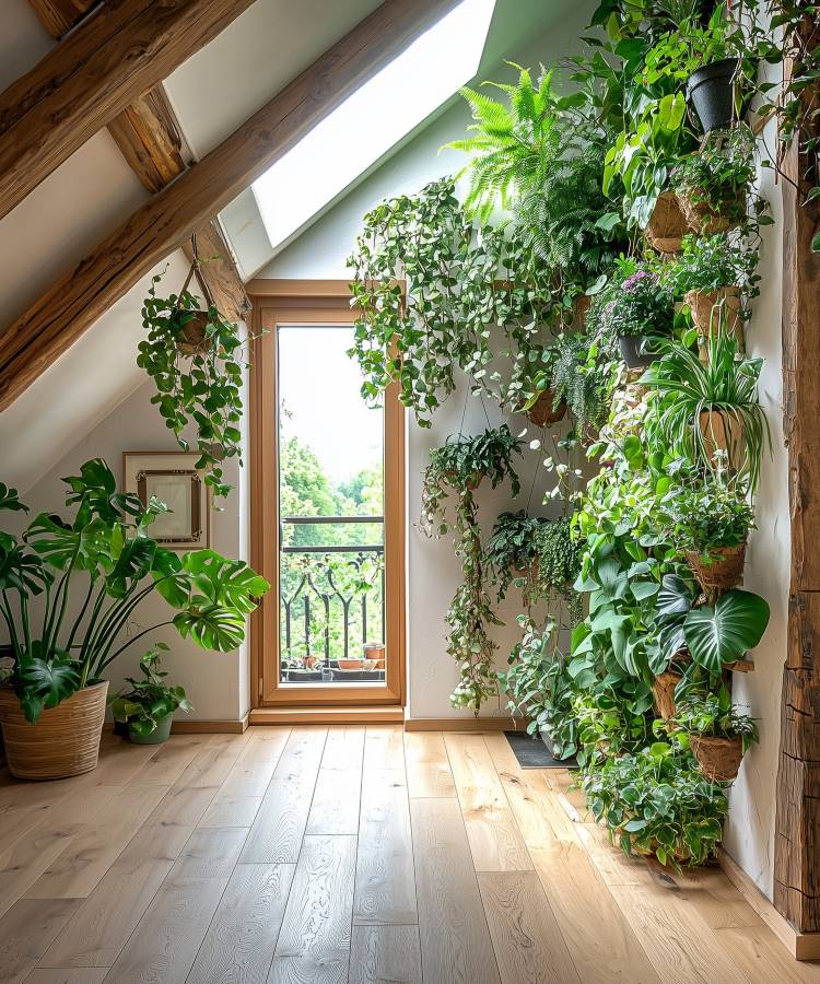 Uma estufa interna ou sótão com um teto inclinado e vigas de madeira expostas. Uma parede inteira é coberta por uma variedade exuberante de plantas verdes em vasos e penduradas, criando uma selva urbana.