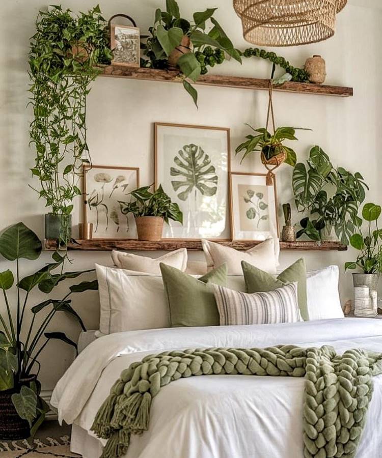 Uma cama com roupa de cama branca e travesseiros verdes e brancos. Acima, duas prateleiras de madeira exibem plantas verdes variadas e quadros com motivos botânicos, criando uma atmosfera natural e serena.