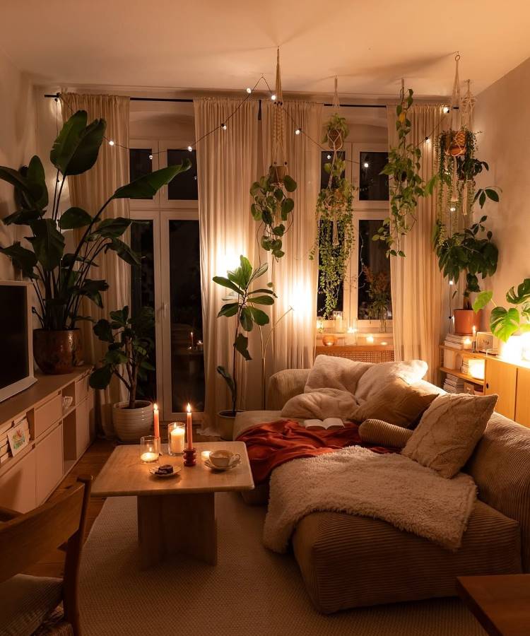 Uma sala de estar acolhedora e intimista, com um sofá bege aconchegante, coberto por mantas. Inúmeras plantas verdes em vasos e penduradas criam um ambiente natural, complementado por luzes suaves e velas acesas.