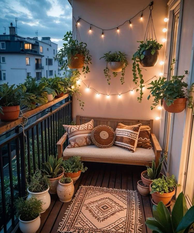 Uma varanda charmosa e iluminada ao entardecer, com um banco de madeira decorado com almofadas boêmias. Plantas penduradas e em vasos adornam o espaço, realçadas por um tapete estampado e luzes cintilantes, criando um ambiente acolhedor.