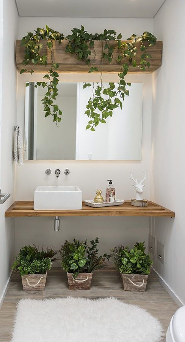 Vasos e plantas de madeira no lavabo.