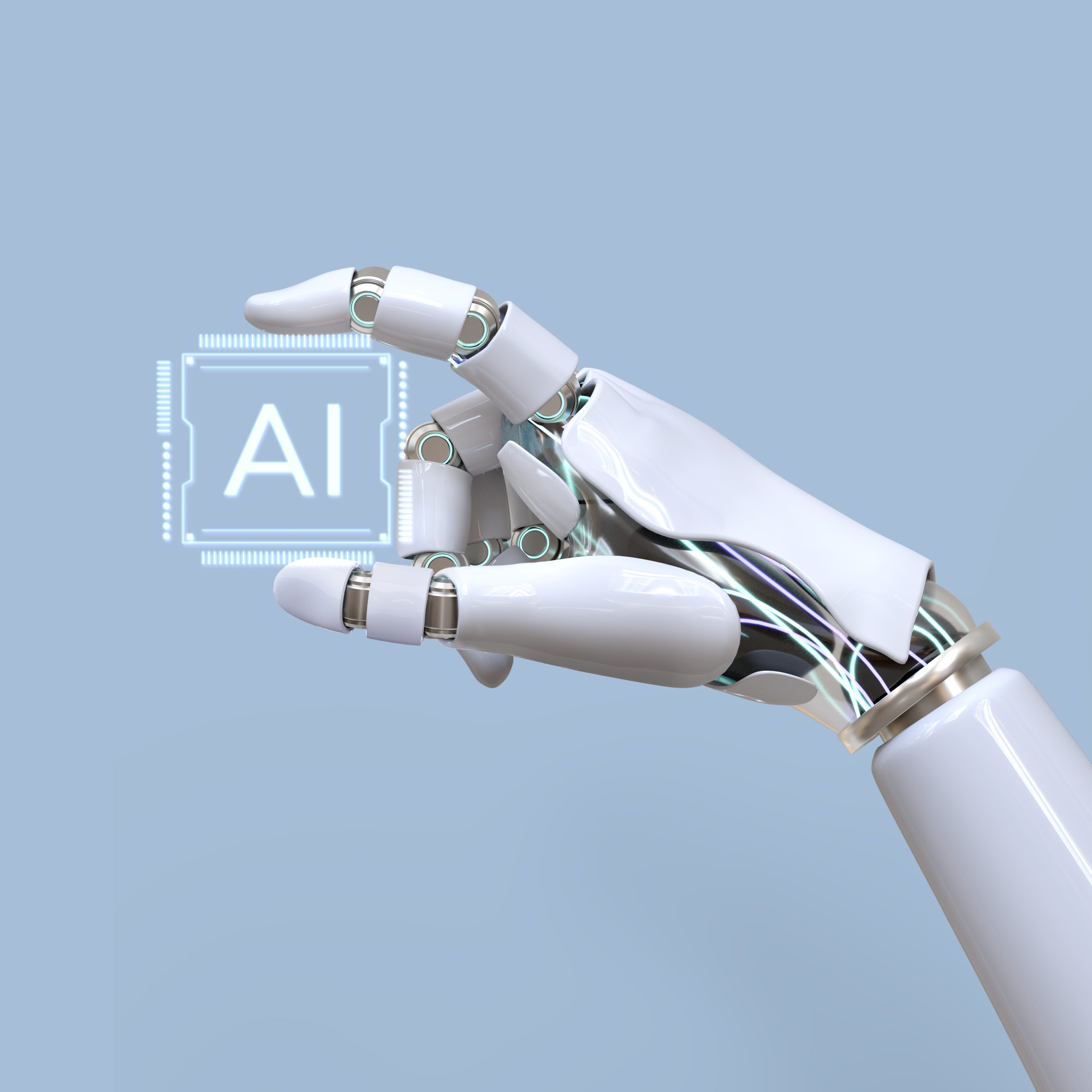 Ai-Chip-Artificial-Intelligence-Future-Technology-Innovation-Scaled-1 Uma mão de um robô, segurando as iniciais AI, em referência à inteligência artificial (IA)
