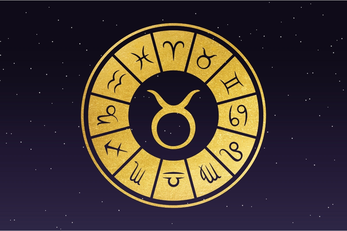 Fundo de céu estrelado com símbolo do signo de Touro, horóscopo do dia de hoje