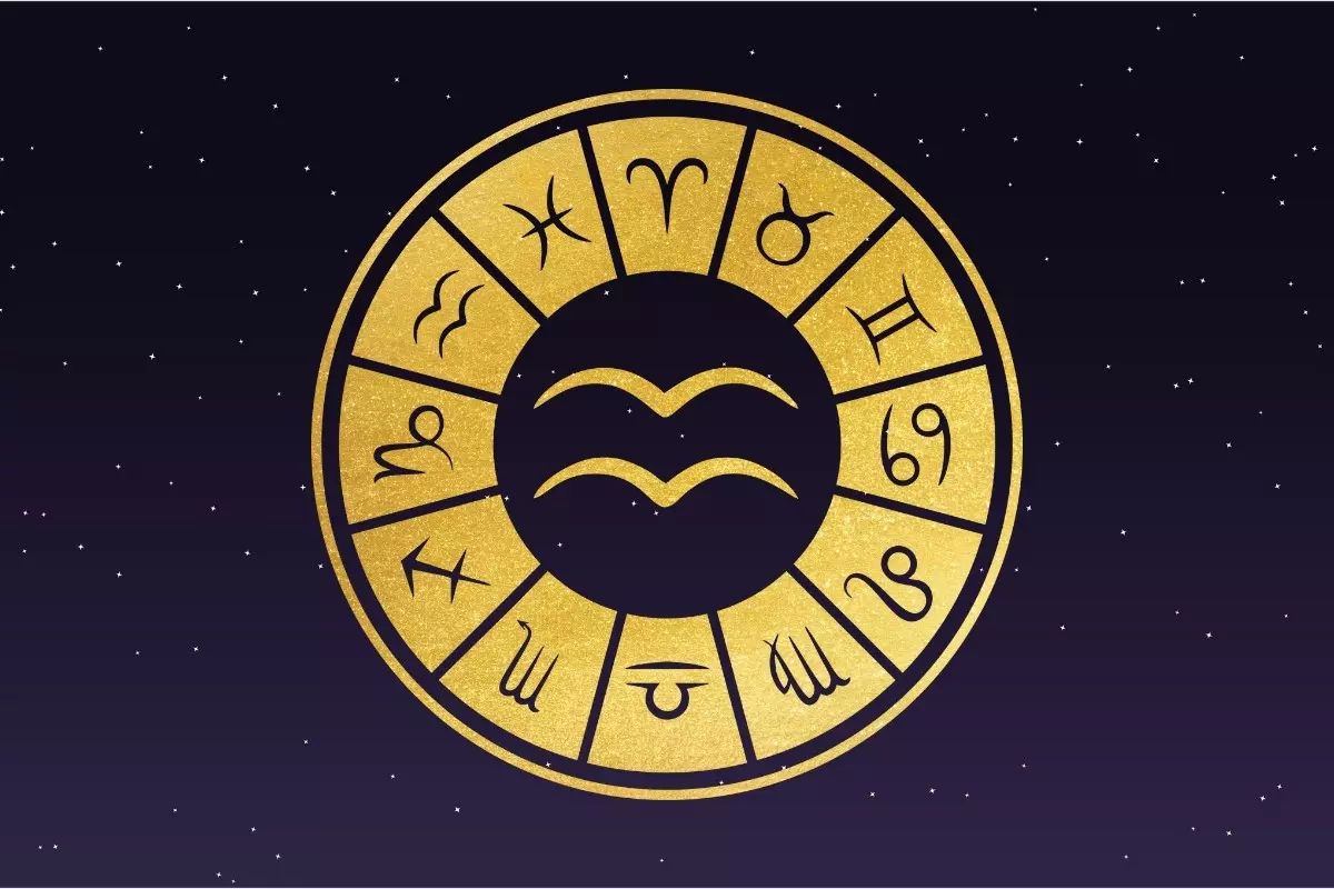 Fundo de céu estrelado com símbolo do signo de Aquário, horóscopo do dia de hoje