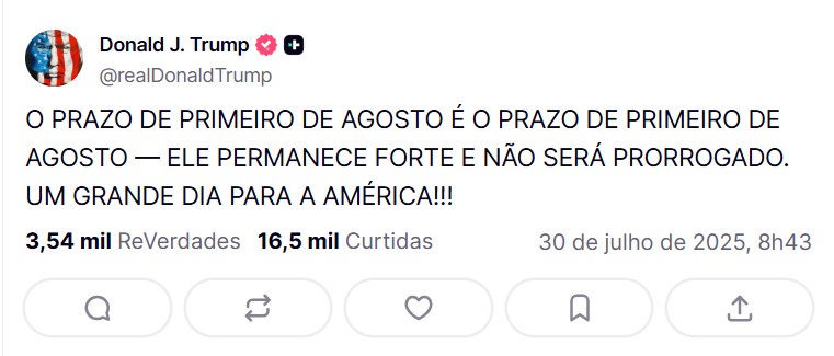 Trump diz que a aplicação do tarifaço ‘continua firme’ | Foto: Reprodução/Redes sociais