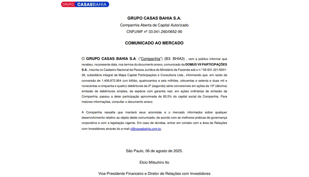 Comunicado do Grupo Casas Bahia ao mercado