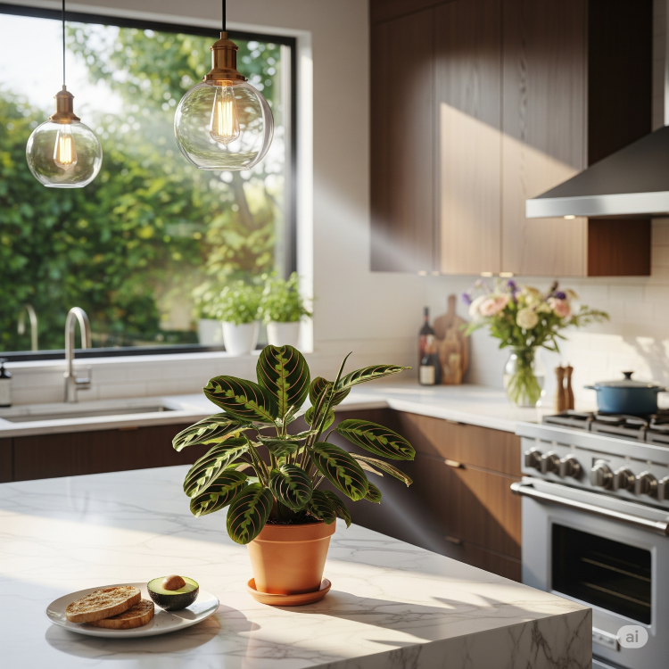 Maranta-Planta-9 Cozinha moderna com balcão de mármore branco e armários de madeira. Em primeiro plano, uma planta calathea em vaso de terracota, ao lado de um prato com torradas e abacate. Luminárias pendentes iluminam o espaço.