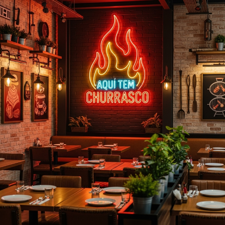 Um restaurante de churrasco aconchegante com paredes de tijolos aparentes e iluminação suave. Um letreiro de néon vibrante com chamas vermelhas e laranjas e a frase "AQUI TEM CHURRASCO" é o ponto focal. Mesas de madeira, plantas e decoração rústica completam o ambiente.