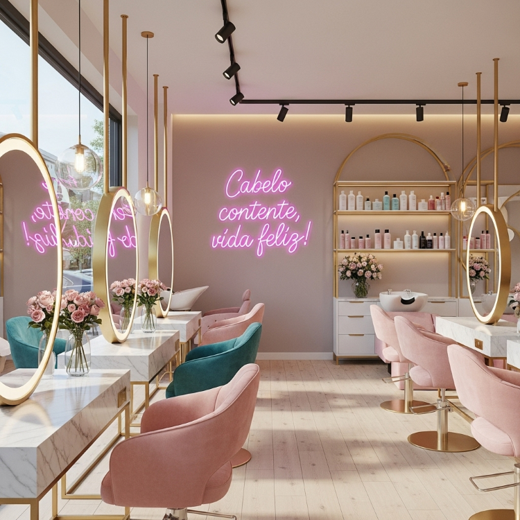 Um salão de beleza moderno com paredes em tons neutros, cadeiras de salão em veludo rosa e turquesa, e balcões de mármore branco. Espelhos ovais dourados e a frase de néon "Cabelo contente, vida feliz!" decoram o espaço.