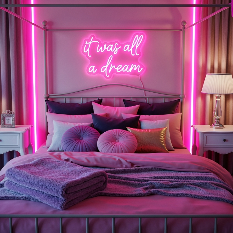 Um quarto iluminado por luzes de neon rosa. Uma cama de dossel de metal tem roupas de cama de tons de rosa e roxo. A cabeceira da cama é iluminada por um letreiro de neon rosa que diz "it was all a dream".