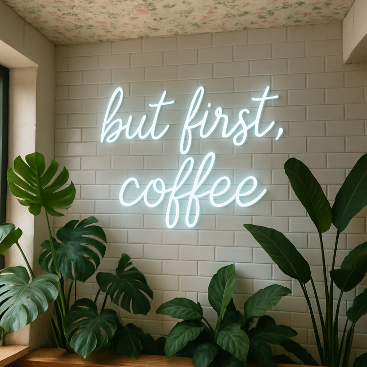 Uma placa de neon branco em uma parede de azulejos brancos diz "but first, coffee". Embaixo, à esquerda, há uma planta grande com folhas verdes. À direita, há outra planta com folhas maiores. O teto tem um papel de parede floral.