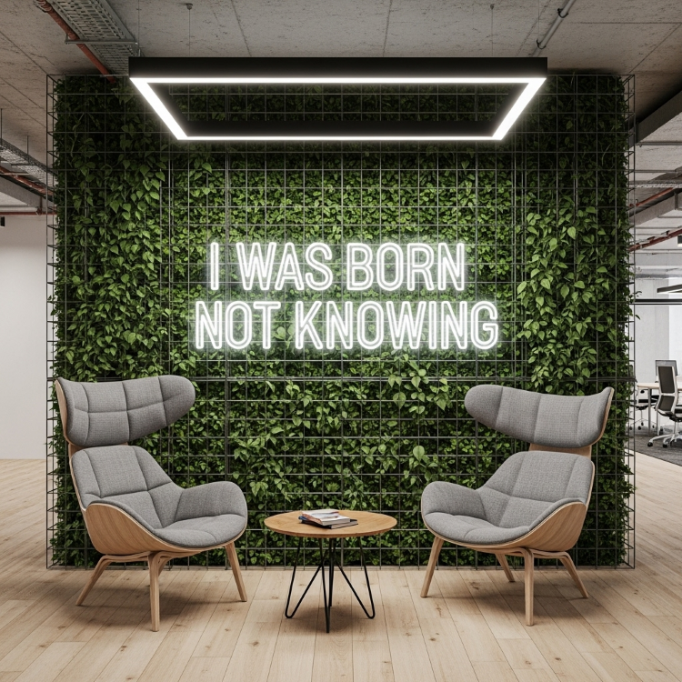 Duas poltronas cinzas e uma mesa de centro de madeira com livros, em frente a uma parede de plantas. Acima, há uma luminária e um letreiro de neon branco com a frase "I WAS BORN NOT KNOWING".
