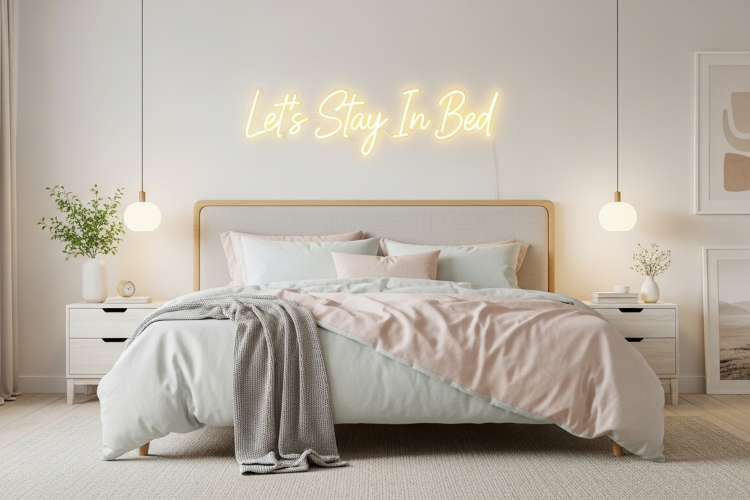 Uma imagem de um quarto aconchegante com uma cama de madeira e lençóis azuis e rosa. Na parede, um letreiro de néon amarelo com a frase "Let's Stay In Bed" é o ponto focal.