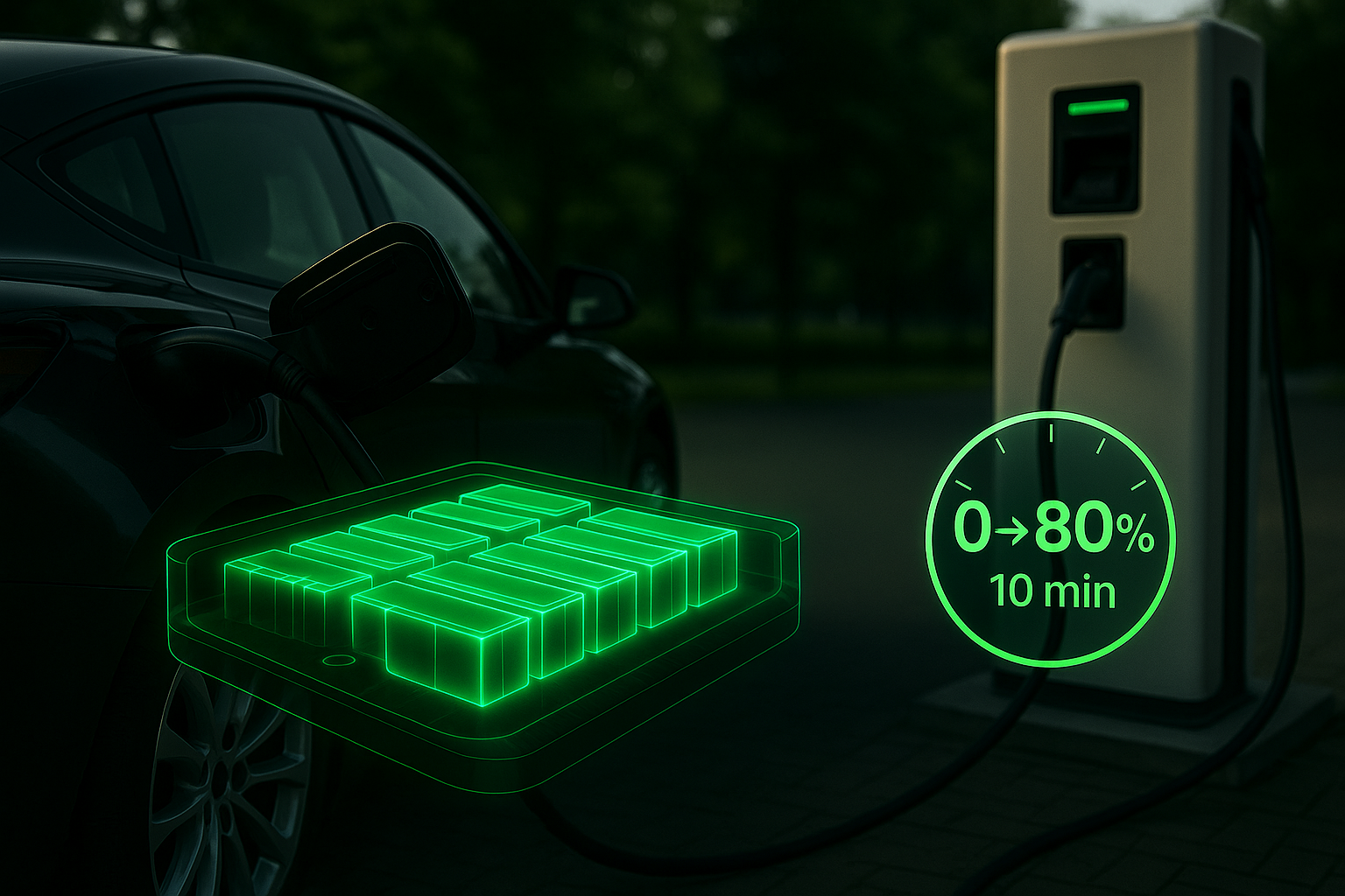 1_Bateria-Ia-80 Baterias de silício-carbono prometem autonomia de 600 km e carregamento em 10 minutos - Imagem gerada por I.A