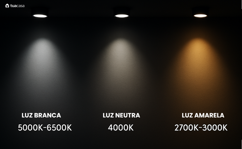 Comparativo de luz branca, neutra e amarela em ambiente escuro com três spots no teto, ilustrando as diferentes temperaturas de cor (5000K, 4000K e 2700K).