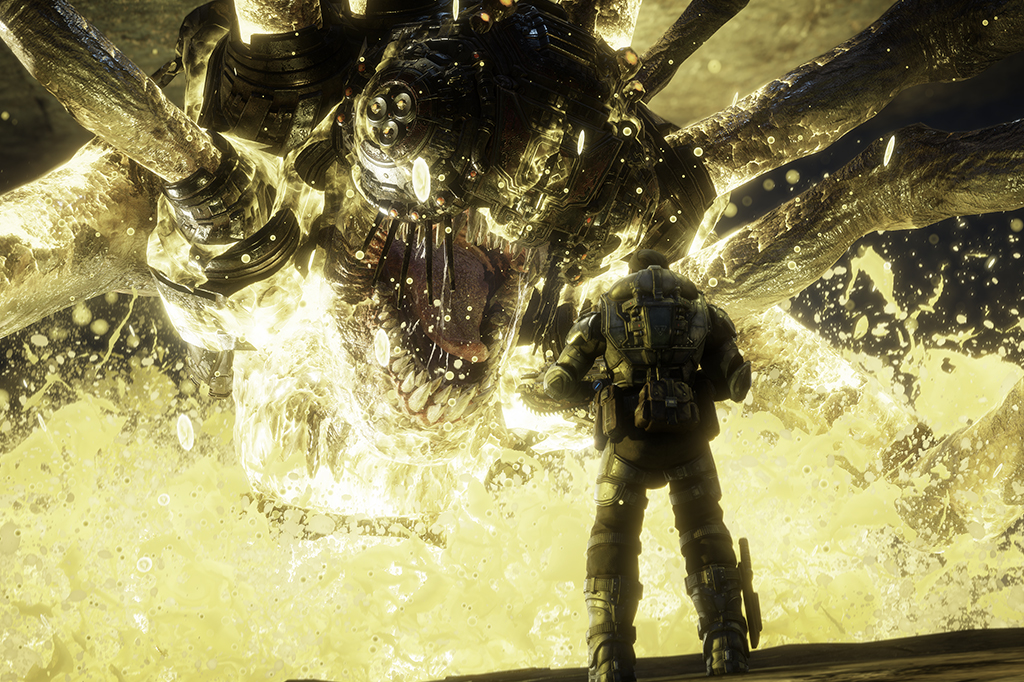 2608-Gears-Layout_Site1 Fotografia das cenas do jogo Gears od War - Reloaded, um soldado de frente para um monstro gigante.