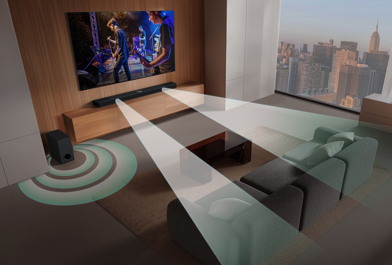 52E2Aefb3326B34865414E46F73951Ce Exemplo de como a soundbar distribui o áudio pelo ambiente