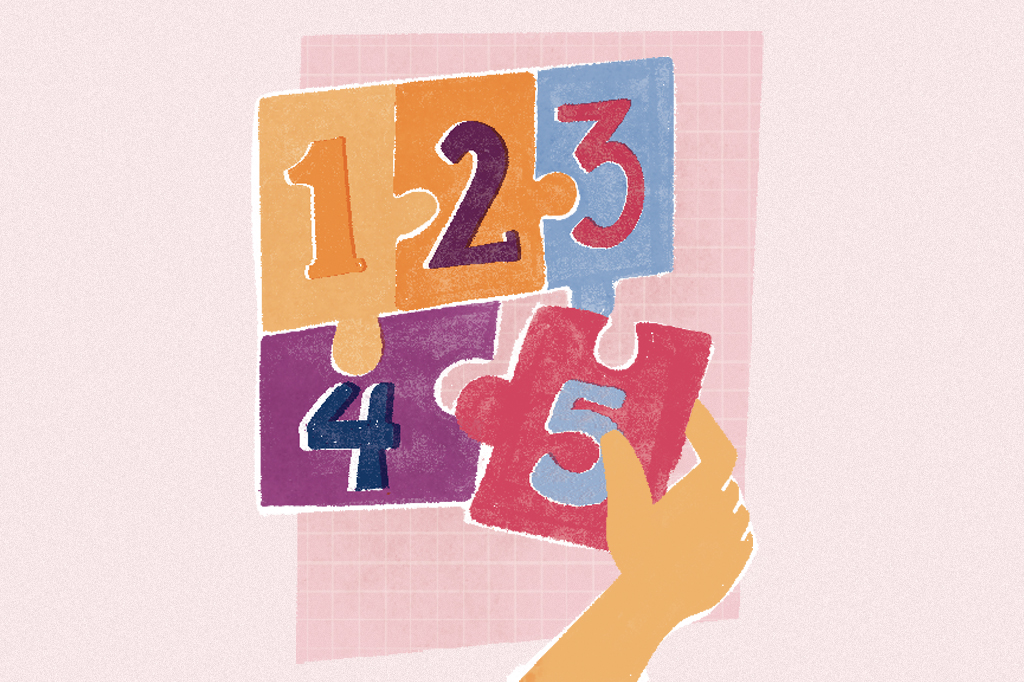 Ilustração, em fundo rosa, de um quebra-cabeça de cinco peças.