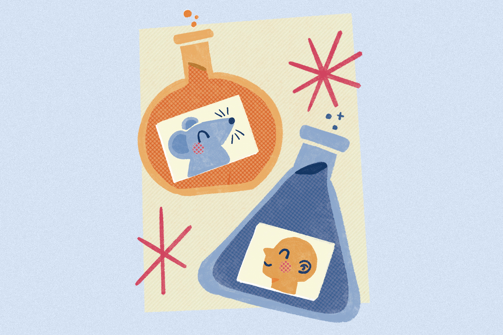 Ilustração, em fundo azul, de ensaios de laboratórios.