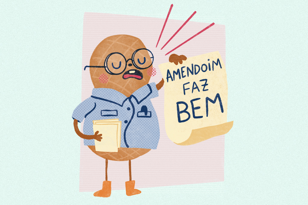 Ilustração, em fundo verde, de um personagem em formato de amendoim segurando um cartaz.