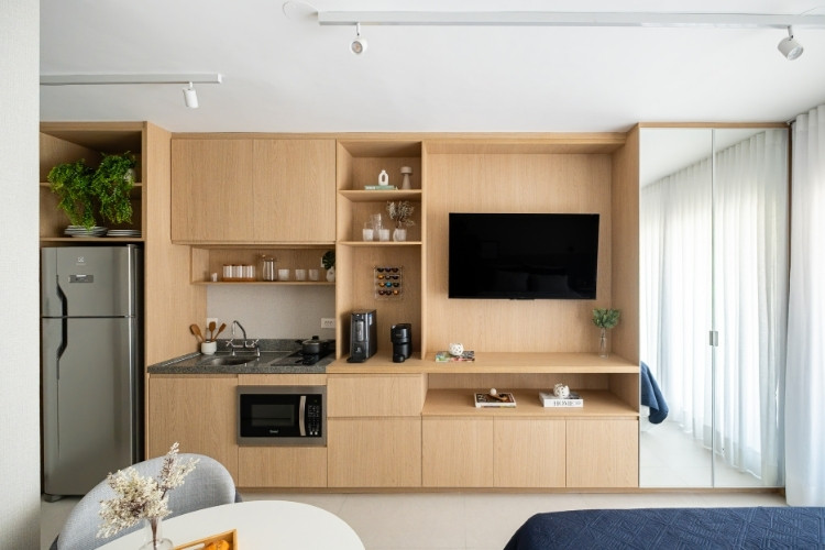 Foto de sala e cozinha decorados de studio de 24 m²