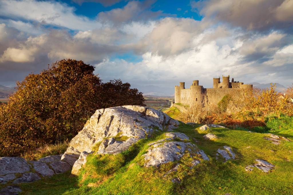 A Castle Standing On A Grassy Hilltop With Surrounding Blue Skies And Clouds. Harlech Castle