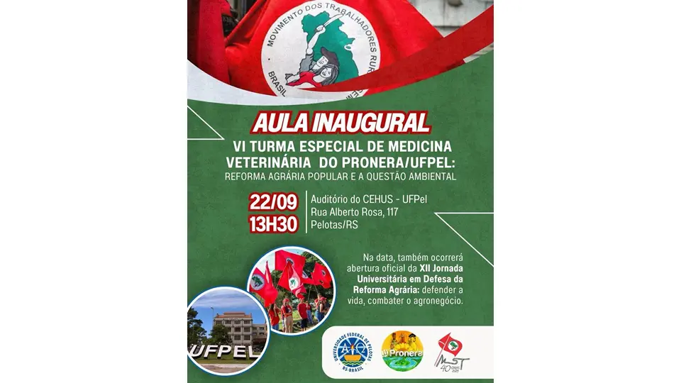 Abertura da XII Jornada Universitária em Defesa da Reforma Agrária (Jura), realizada junto com aula inaugural de turma especial de medicina veterinária de convênio da UFPel com o Pronera, teve como tema "defender a vida, combater o agronegócio"