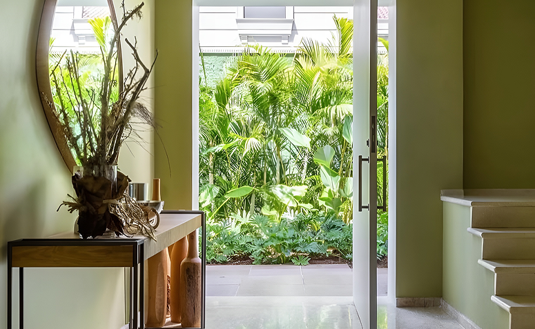 Entrada de casa iluminada com porta aberta, paredes verdes e vista para jardim tropical, exemplo de feng shui com limpeza e manutenção do espaço.