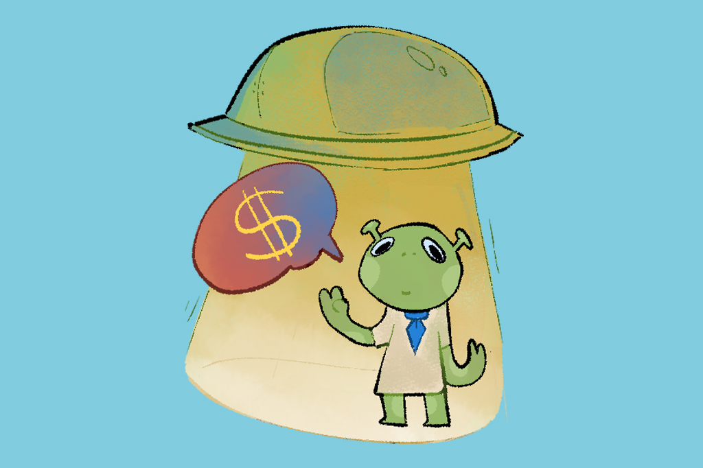 Ilustração, em fundo azul, de um alienígena falando sobre dinheiro. Acima dele, um disco voador projetando uma luza verde sobre ele.