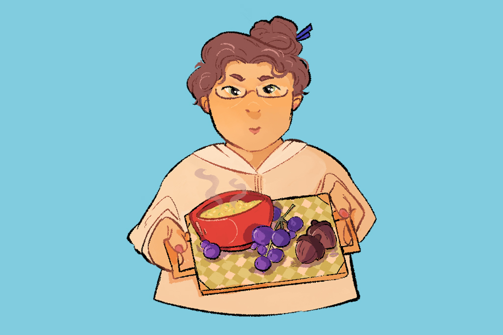 Ilustração, em fundo azul, de uma mulher carregando uma bandeja com uma tigela de sopa, cachos de uva e duas bolotas de carvalho.