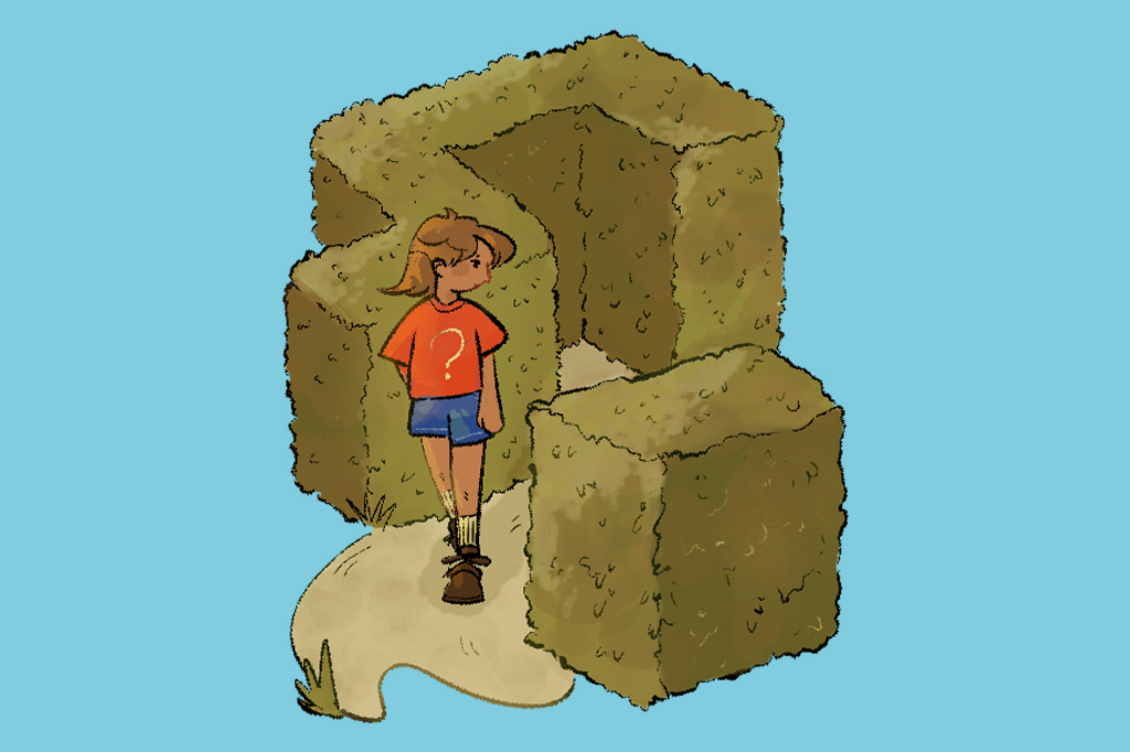 Ilustração, em fundo azul, de uma garota saindo de um labirinto de plantas. Ela veste um short azul e uma camiseta vermelha com um ponto de interrogação amarelo.