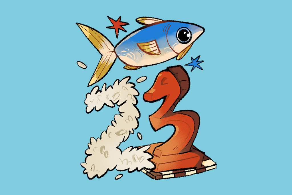Ilustração, em fundo azul, de um peixe prateado em cima dos números dois e três.